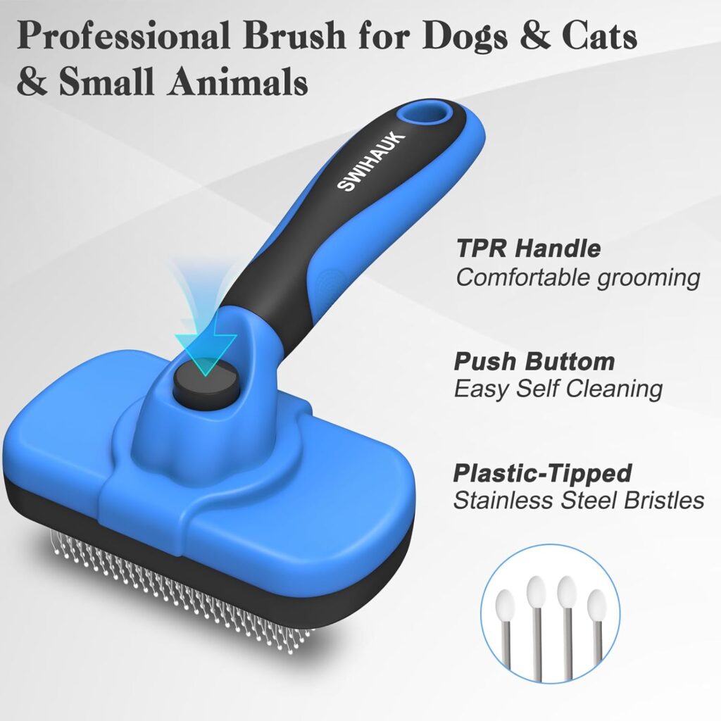 Looking for the best dog brush for goldendoodle coats? The Swihauk Self Cleaning Slicker Brush easily removes mats and loose fur to keep your pet groomed.
