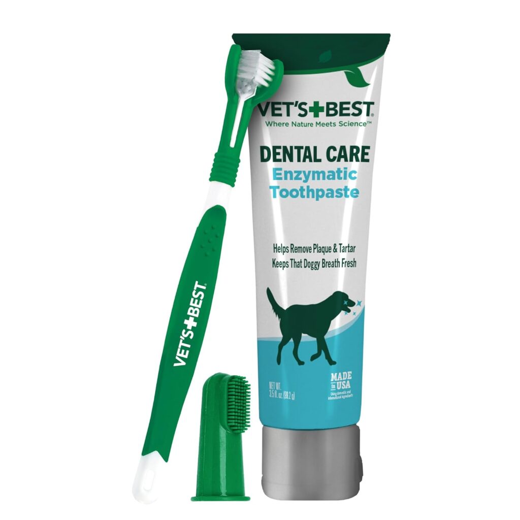 Choose a vet-formulated dog specific toothpaste! This Vet’s Best kit includes a finger toothbrush to easily fight plaque, whiten teeth, and freshen breath.