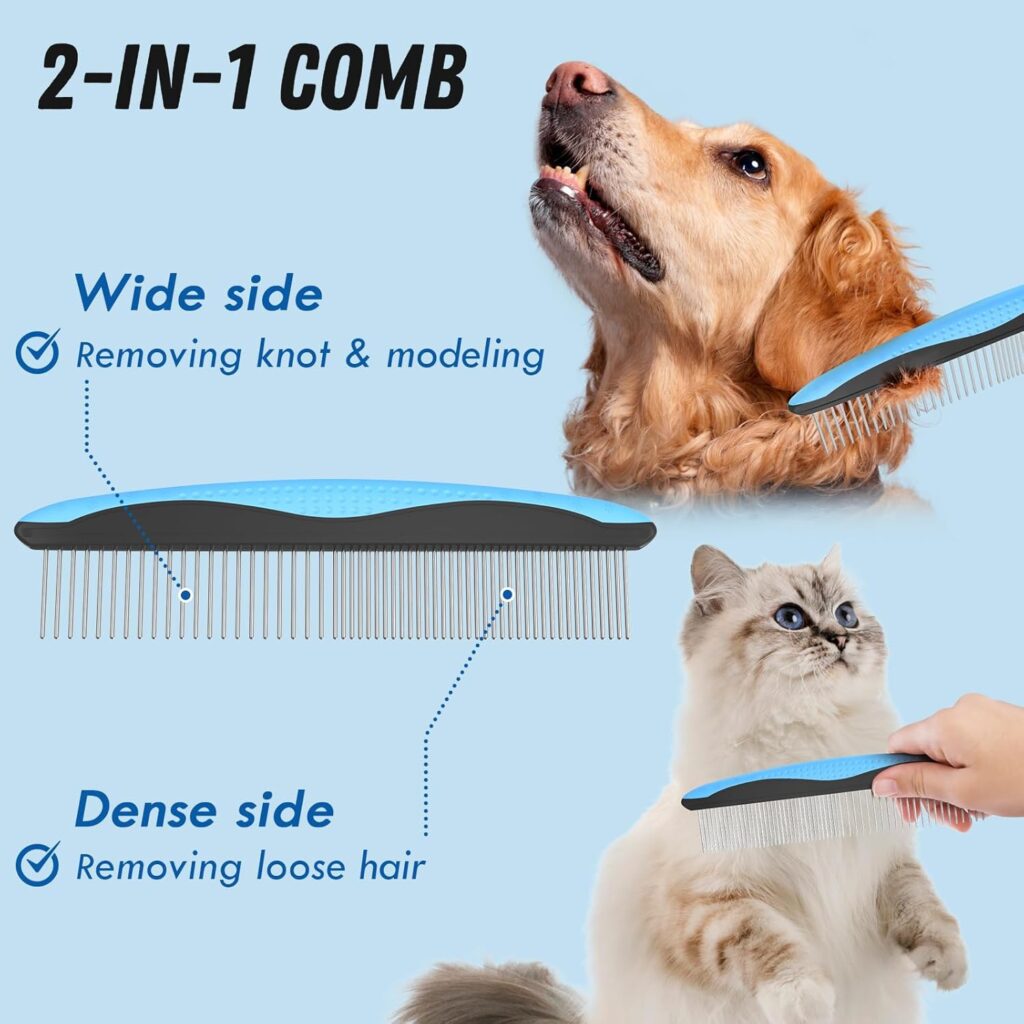Find the best greyhound comb for dogs in this pet grooming combo. Features a blue deshedding brush and metal comb to detangle and demat long, matted fur.