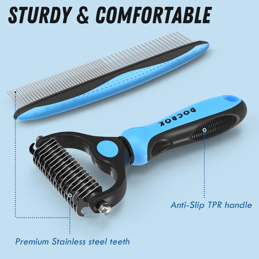 Find the best greyhound comb for dogs in this pet grooming combo. Features a blue deshedding brush and metal comb to detangle and demat long, matted fur.