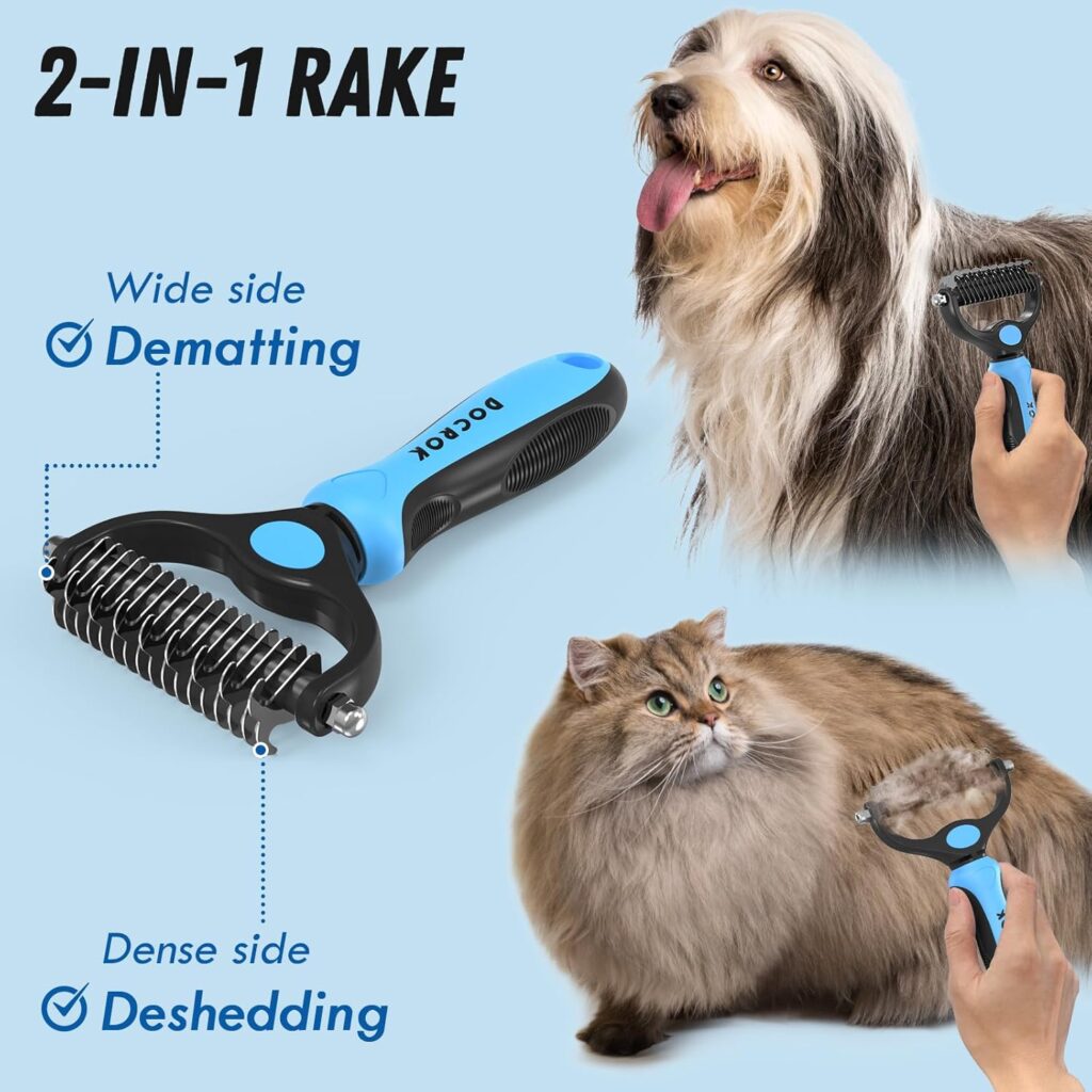 Find the best greyhound comb for dogs in this pet grooming combo. Features a blue deshedding brush and metal comb to detangle and demat long, matted fur.