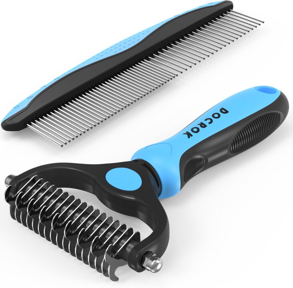 Find the best greyhound comb for dogs in this pet grooming combo. Features a blue deshedding brush and metal comb to detangle
