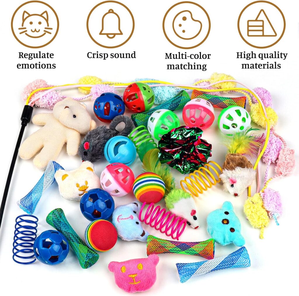 Discover the QUOZUO 30-piece cat and kitten toys set! Featuring an interactive wand, springs, and bell balls, it’s the perfect gift for bored indoor cats.