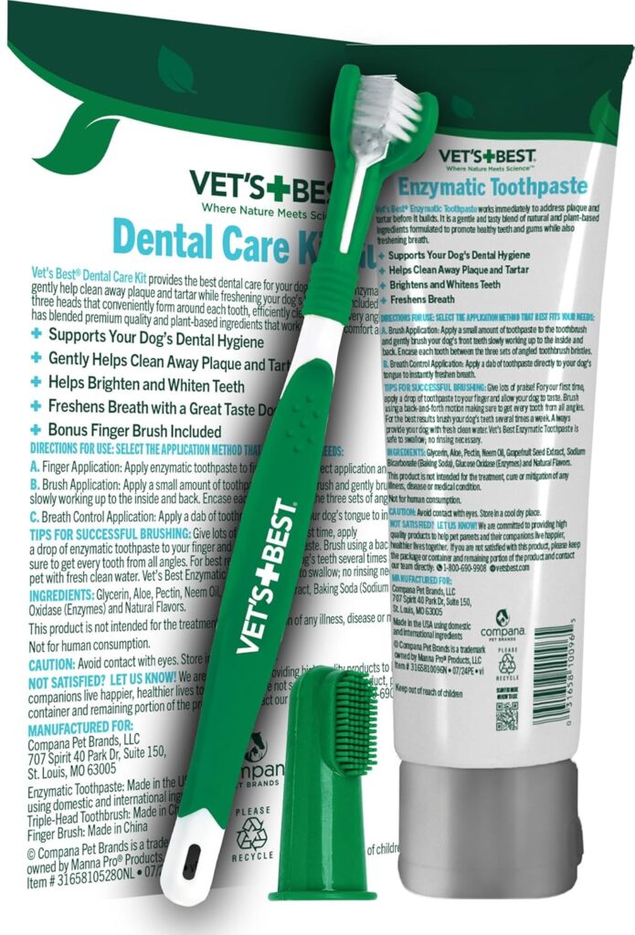 Choose a vet-formulated dog specific toothpaste! This Vet’s Best kit includes a finger toothbrush to easily fight plaque, whiten teeth, and freshen breath.