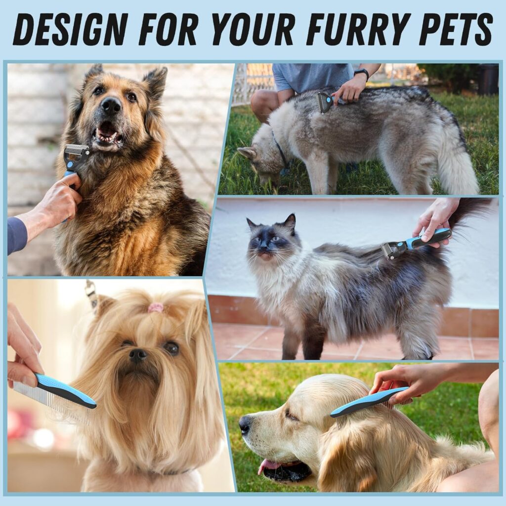 Find the best greyhound comb for dogs in this pet grooming combo. Features a blue deshedding brush and metal comb to detangle and demat long, matted fur.