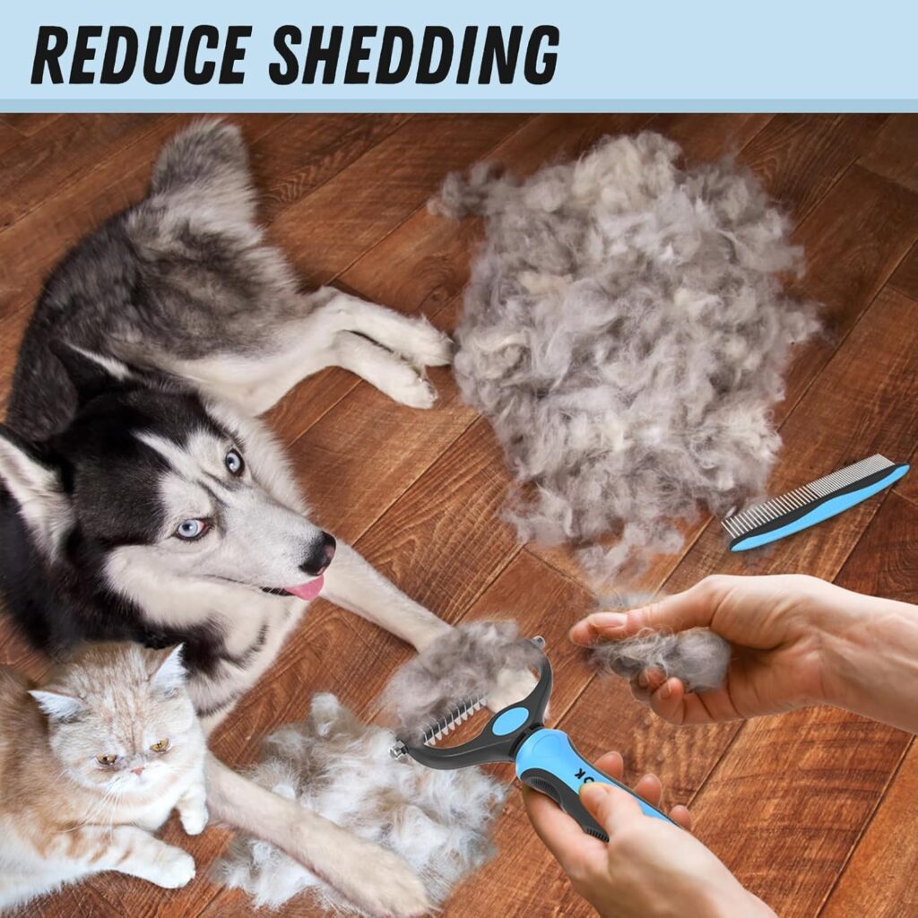 Find the best greyhound comb for dogs in this pet grooming combo. Features a blue deshedding brush and metal comb to detangle and demat long, matted fur.