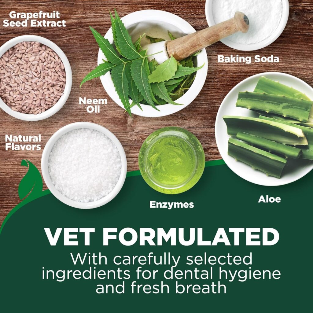 Choose a vet-formulated dog specific toothpaste! This Vet’s Best kit includes a finger toothbrush to easily fight plaque, whiten teeth, and freshen breath.